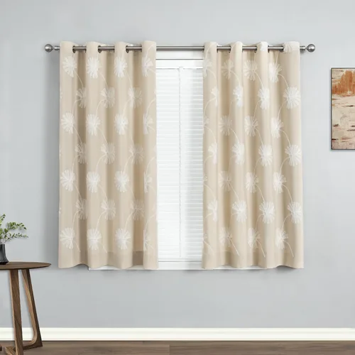 VOGOL - Cortinas con ojales bordadas con patrón floral elegante de lino sintético, 2 paneles, 60% opacas con aislamiento térmico, cortinas pesadas