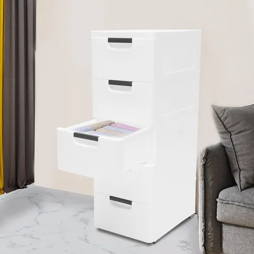 Miniatura 4 de Gabinete de almacenamiento de plástico blanco de 5 niveles con 5 cajones verticales para ropa con ruedas, gabinete de almacenamiento