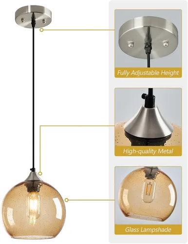 Miniatura 7 de Luces colgantes de vidrio marrón claro, iluminación de isla de cocina, lámparas colgantes de globo, iluminación colgante moderna para dormitorio