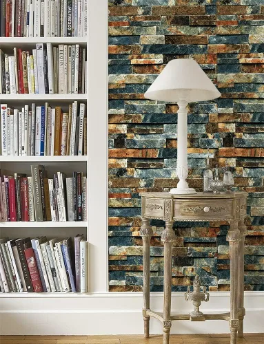 Miniatura 5 de Papel tapiz de ladrillo sintético para despegar y pegar, azul/rojo óxido, impermeable y extraíble, papel de contacto autoadhesivo para decoración