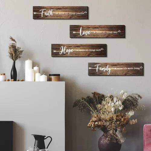 Miniatura 6 de 4 letreros de madera rústica con texto en inglés «Faith Love Hope», «Make All Things Possible», «Easy Work Living» para decoración de pared
