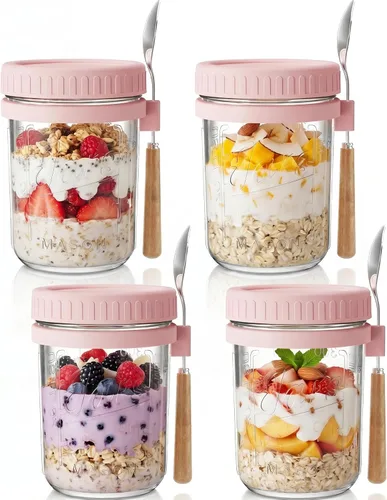 Miniatura 12 de HomArtist Recipientes de avena de 16 onzas con tapas y cucharas, paquete de 4 tarros Mason de boca ancha con tapas herméticas, tarros de avena