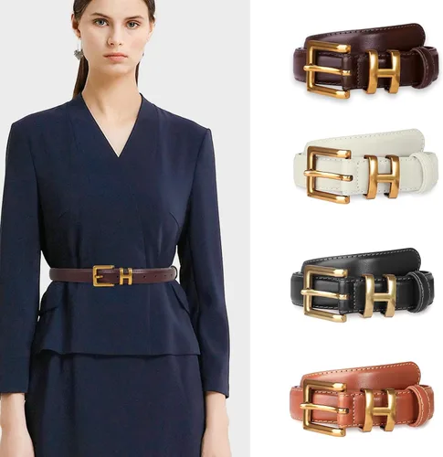 Miniatura 122 de Cinturón de cuero clásico con hebilla de metal para mujer con vestido de jeans