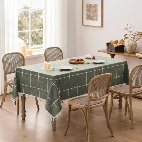 Miniatura 79 de ZeeMart - Mantel de mesa con diseño de cuadrícula boho y borlas (blanco roto, 132 cm x 132 cm), mantel de gran peso de lino a cuadros bordado