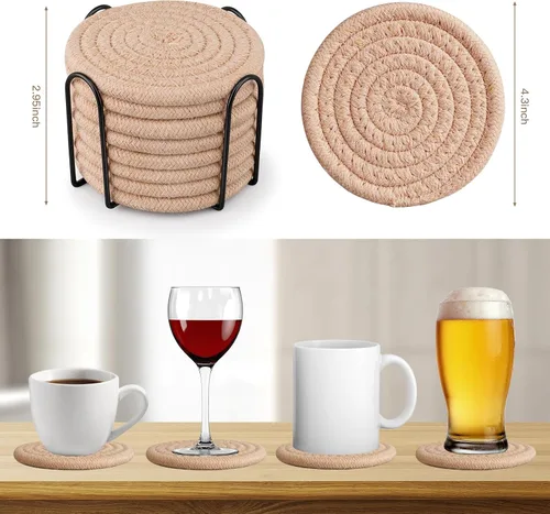 Miniatura 5 de Posavasos tejidos de algodón con soporte, juego de 8 posavasos absorbentes para protección de mesa, decoración del hogar, gafas, tazas, bar, regalo
