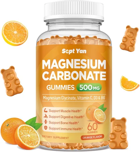 Gomitas de carbonato de magnesio de 500 mg, suplemento de magnesio con vitamina C, D3 y B6 para apoyo muscular, hueso, digestivo e inmunológico,