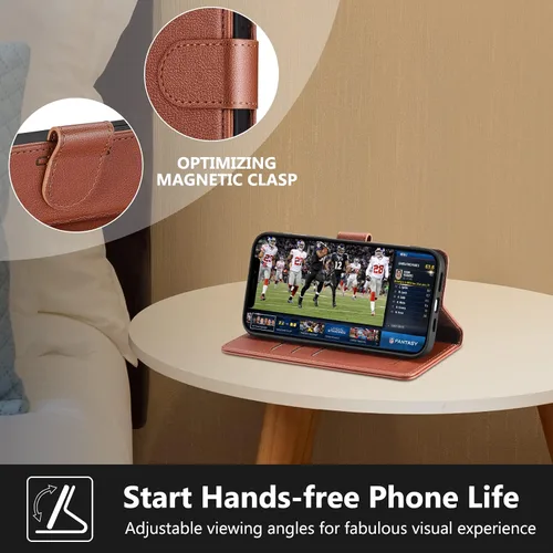 Miniatura 7 de Funda tipo cartera para iPhone 13 Pro Max de 6.7 pulgadas, con bloqueo RFID, tarjeteros, función atril, cierre magnético, de piel sintética, Coñac