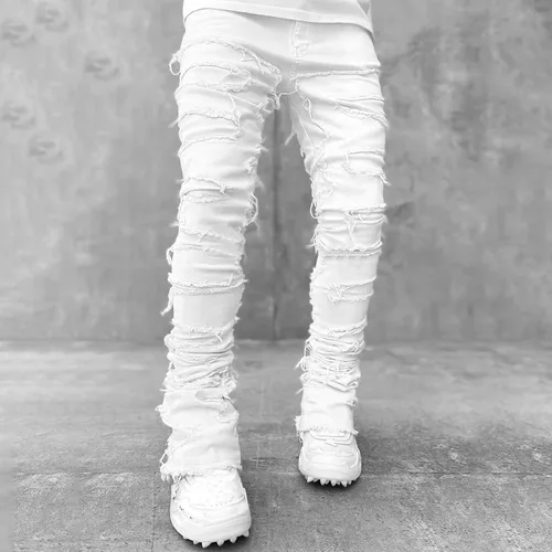Miniatura 2 de Mxiqqpltky Jeans apilados para hombre, ajustados, rectos, negros, rasgados, ajustados, desgastados, pantalones de mezclilla destruidos, ropa de calle