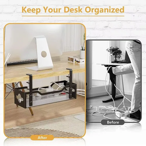 Miniatura 6 de Paquete de 2 bandejas para organizar cables debajo del escritorio, organizador de cables de 13.38 pulgadas sin taladros, organizador de cables
