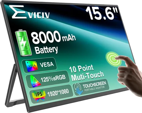 Monitor portátil con pantalla táctil con batería de 8000 mAh, 15.6 pulgadas, 125% sRGB ultra delgado de 10 puntos, monitor de pantalla táctil USB-C