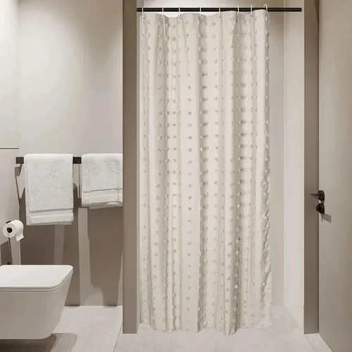 Siiluminisoy Cortina de ducha pequeña bohemia de tela tejida, bonita cortina de ducha beige, 36 x 72 pulgadas, con pliegues mechonados, floral,
