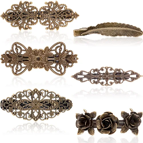 WILLBOND 6 pasadores de pelo vintage para mujer, pinzas de pelo retro de flores francesas, pinzas de metal bronce floral plumas pasadores para