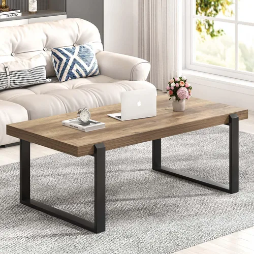 FOLUBAN - Mesa de café rústica, mesa central industrial moderna de madera y metal para sala de estar, 47 pulgadas de roble