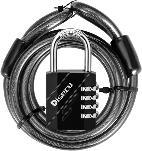 Miniatura 9 de Candado de combinación de 4 dígitos impermeable para exteriores con cable de acero para casillero de gimnasio, casco, puerta, valla, equipaje Negro