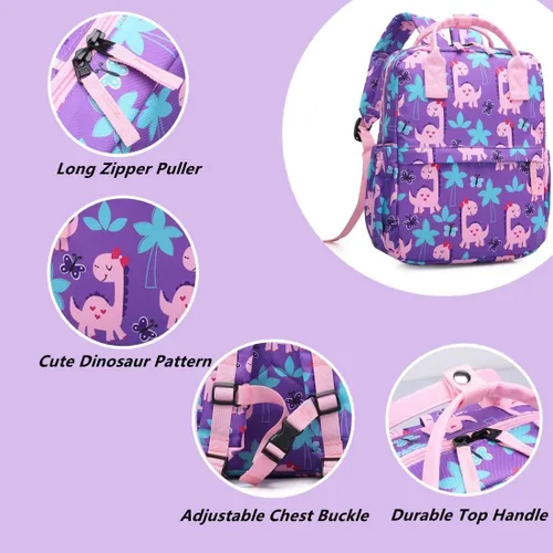 Miniatura 2 de Linda mochila preescolar para niños pequeños con diseño de unicornio y dinosaurio, bolsa de viaje para niñas y niños, Dinosaurio femenino, 12
