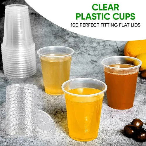 Miniatura 5 de Green Direct Vasos de plástico ultra transparentes con tapas planas para café helado, batido de té Boba (100, 10 onzas)