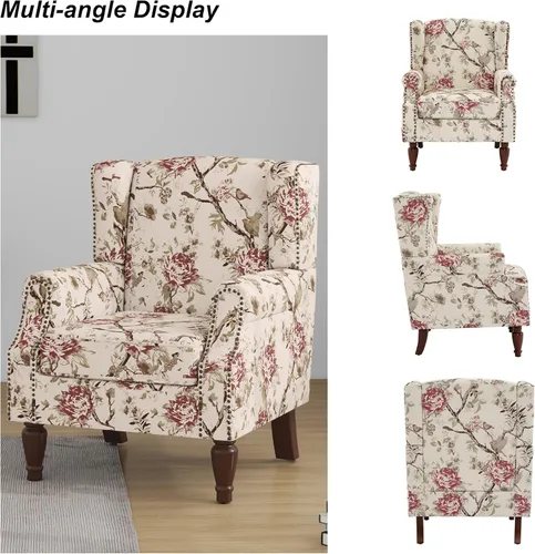 Miniatura 5 de Silla decorativa floral con respaldo alto, sillón tapizado con patas de madera maciza, cómodo sofá individual de lectura con respaldo alado