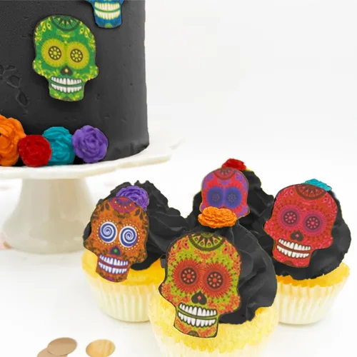 Sugar Robot Inc. Sugar Skulls - Juego de 24 adornos comestibles para pasteles de Halloween Calaveras pequeñas