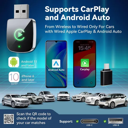 Miniatura 5 de Adaptador Inalámbrico CarPlay 2026 Mejorado para iPhone, 2 en 1 para Apple CarPlay y Android Auto, Convierte Cableado a Inalámbrico, Plug & Play