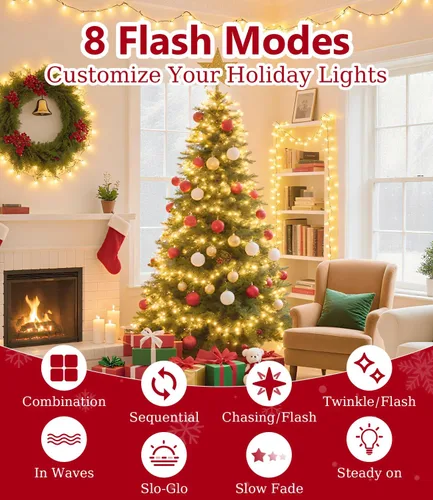 Miniatura 2 de Tira de luces de Navidad de 1000 LED de color blanco cálido de 49 pies para exteriores, con 8 modos, impermeable IP44, enchufable, para árbol