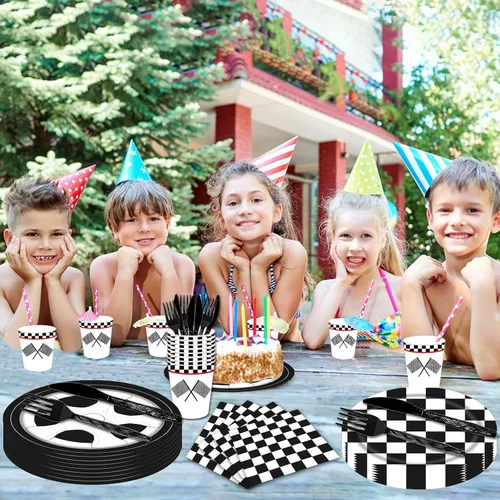 Miniatura 5 de 144 piezas de suministros de fiesta de cumpleaños de coches de carreras para niños, juegos de vajilla de coches de carreras en blanco y negro a