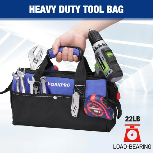 Miniatura 3 de WORKPRO Bolsa de herramientas de 13 pulgadas de boca ancha, bolsa de herramientas portátil con bolsillos interiores para almacenamiento de Azul