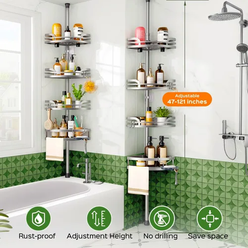 Miniatura 7 de HAMITOR Poste de tensión para regadera: estante de esquina de baño a prueba de óxido para inquilinos, organizador ajustable de 47 a 121 pulgadas