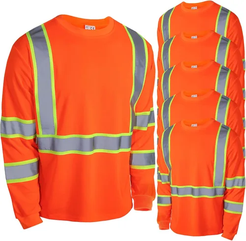 Paquete de 6 camisetas de manga larga de seguridad, clase 3 de alta visibilidad con tiras reflectantes para trabajo topógrafo construcción Naranja