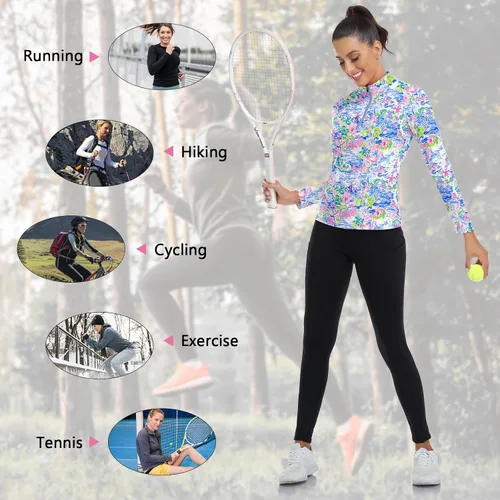 Miniatura 142 de WOWENY Camiseta deportiva de manga larga para mujer, con cremallera de un cuarto, cuello para entrenamiento, camiseta de tenis con estampado