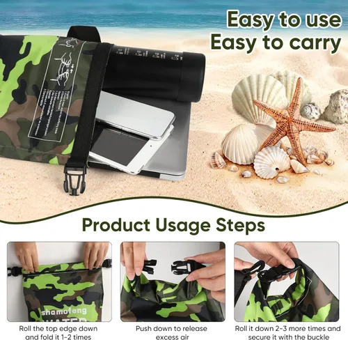 Miniatura 6 de Bolsa seca impermeable de 5L/10L/15L/20L/30L Mochila de almacenamiento en seco con funda para teléfono, botella de agua plegable, gafas de sol, Verde