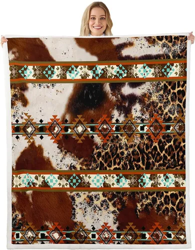 Miniatura 14 de Erosebridal Manta de forro polar de piel de vaca con estampado de leopardo marrón, manta occidental de 50 x 60 pulgadas, manta con estampado de vaca