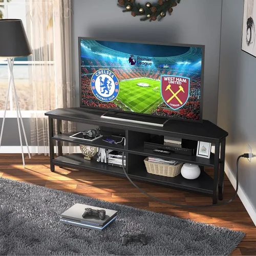 Miniatura 4 de Unikito Soporte esquinero de TV con toma de corriente, mesa de esquina para centro de entretenimiento con 4 estantes abiertos, mueble de TV