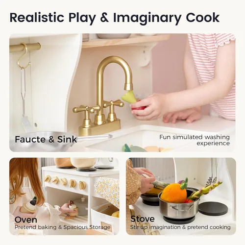 Miniatura 5 de Tiny Land - Cocina de juguete para niños, de madera, con sistema de almacenamiento, juego de cocina con muchas funciones de juego, de juguete