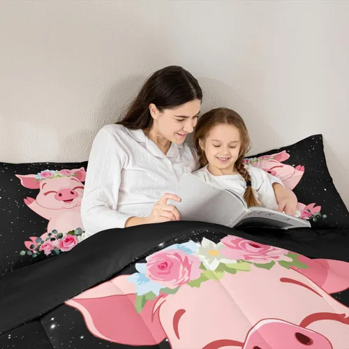 Miniatura 5 de Erosebridal Juego de edredón de cerdo rosa para niñas, decoración de habitación Kawaii, tamaño individual, relleno de edredón de hojas florales