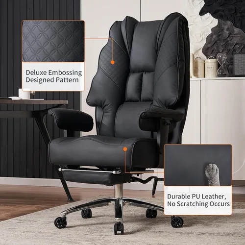 Miniatura 6 de EXCEBET Silla de oficina grande y alta de 400 libras de ancho, silla de oficina ejecutiva de cuero con respaldo alto con reposapiés, sillas Negro