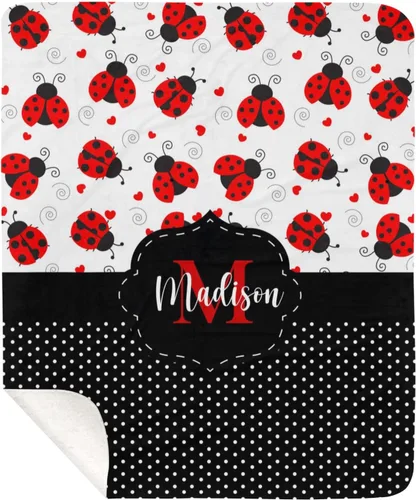 Miniatura 8 de Manta de forro polar con monograma y diseño de lunares negros con nombre para niñas que duermen con diseño de mariquita, 50 x 60 pulgadas, regalo
