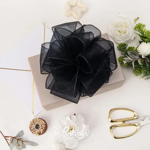 Miniatura 2 de Ribbli Cinta negra de organza con alambre, color negro transparente con borde metálico, 2-1/2 pulgadas x 20 yardas, cinta para árbol de Navidad