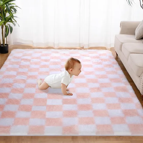 Miniatura 15 de Alfombra de área súper suave en blanco y negro, de 5 x 7 pies, alfombra clásica a cuadros de pelo alto mullida para dormitorio, sala de estar, Negro