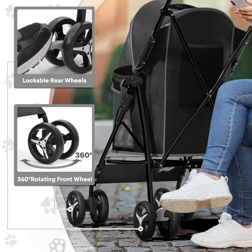 Miniatura 7 de Cochecito para mascotas para perros y gatos pequeños, 10-22 libras, almacenamiento trasero, negro