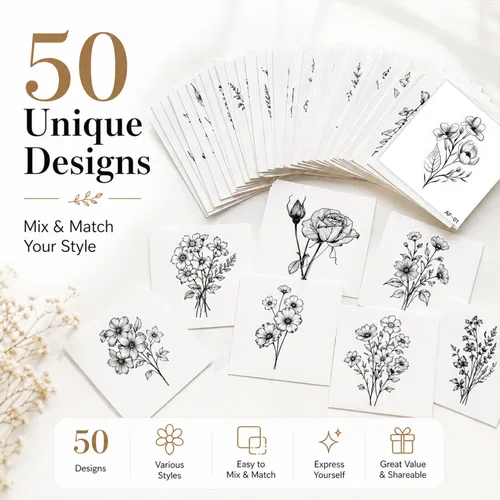 Miniatura 6 de 50 hojas de tatuajes temporales de ramas pequeñas de flores negras para mujeres y niñas, ramo de flores pequeñas, tatuaje temporal de plantas
