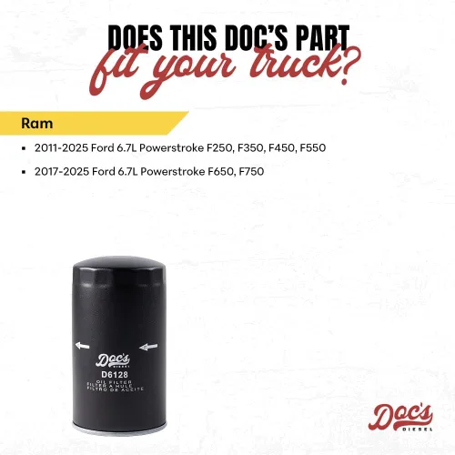 Miniatura 3 de Doc's Diesel Filtro de aceite D6128 Compatible con Ford 6.7L Powerstroke F250, F350, F450, F550 2011+, Ford 6.7L Powerstroke F650, F750 2017+