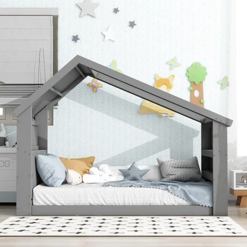 Miniatura 13 de Cama de madera de tamaño individual con cabecera en forma de casa con vallas, altura baja al suelo, para dormitorio de niños y niñas (azul claro-01)