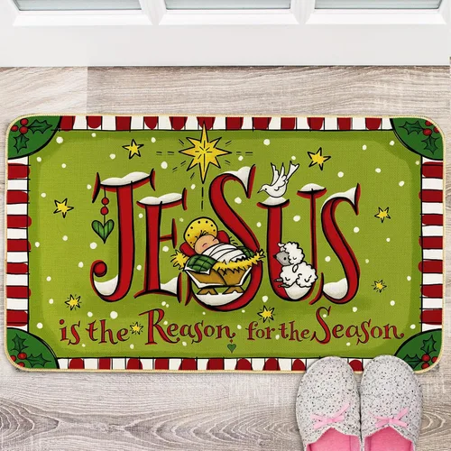 Miniatura 2 de Whaline Tapete de Navidad rojo y verde, tapete antideslizante para puerta delantera, tapete decorativo de Navidad para interiores, exteriores