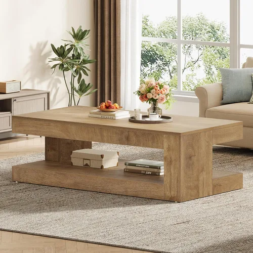 Miniatura 9 de Tribesigns Mesa de Centro para Sala de Estar, 47.24 Pulgadas Estilo Granja de 2 Niveles Mesa de Centro de Té y Cóctel con Almacenamiento, Marrón
