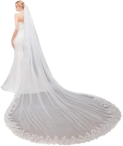 EllieHouse Velo de novia largo de encaje de lentejuelas catedral para mujer con peine de metal L92, 3M118 INCH