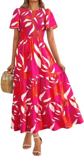 Miniatura 26 de PRETTYGARDEN - Vestido largo casual de verano para mujer, manga corta acampanada, bohemio, floral, cuello redondo, vestido blusón, escalonado