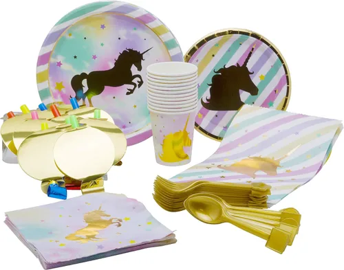 Paquete de fiesta temática de unicornio dorado – Platos de papel desechables, vasos, servilletas, tenedores, cucharas, bolsas de regalo y sopladores