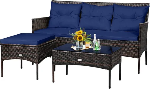 Miniatura 10 de Tangkula juego de sofá de esquina para patio de 3 piezas, juego de sofá de ratán para exteriores, incluye chaise lounge, sofá doble y mesa auxiliar
