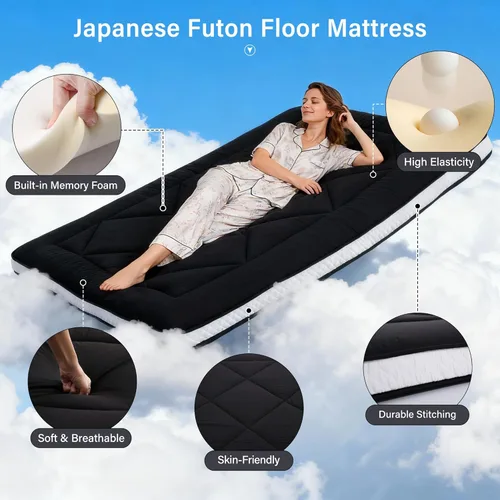 Miniatura 3 de Welnow Colchón de futón japonés, tapete grueso de tatami de tamaño individual, portátil y plegable, colchón enrollable con bolsa de almacenamiento