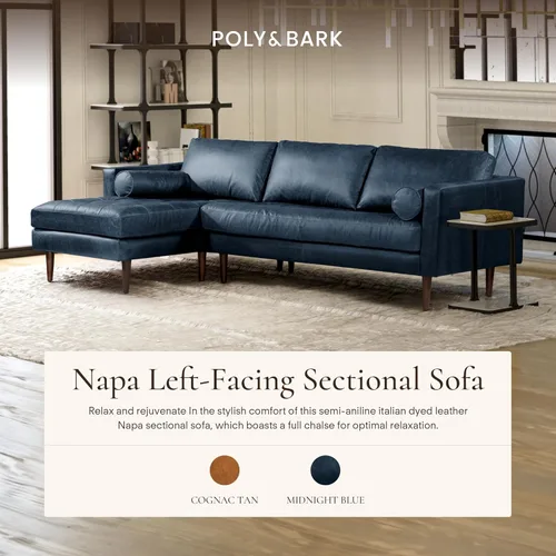Miniatura 3 de Poly & BARK Napa - Sofá seccional de 104.5 pulgadas, orientado a la izquierda, piel italiana pura anilina de grano completo, color azul medianoche